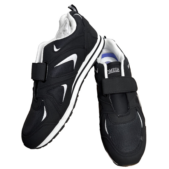 Men's OMEGA Sneakers Size 11 EEE WIDE Black White Trim NWB Hook Loop Strap Shoes - Picture 1 of 11